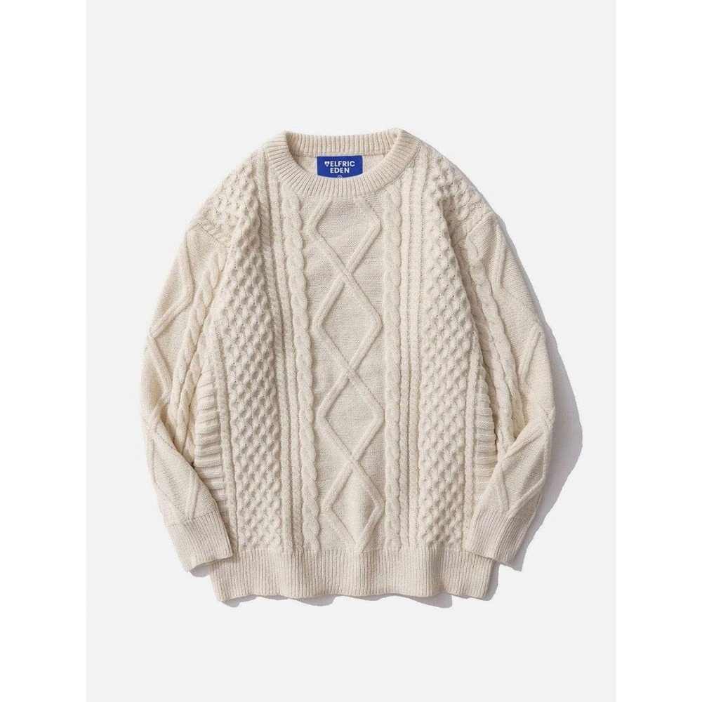 Aelfric Eden Cream Cable Knit Crew Neck Sweater Diamond Pattern Size S